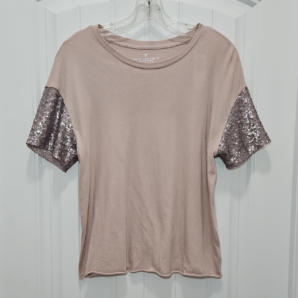 American Eagle Women's Short Sleeve Top with Sequin Detail - Light Blush Pink